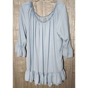 Women's Tunic 3X Chambray Stretch Off Shoulder Flowy Boho 3/4 Sleeve Ruffles Top